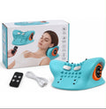 Masajeador eléctrico y almohada de tracción cervical portátil con calor, vibración y control remoto.