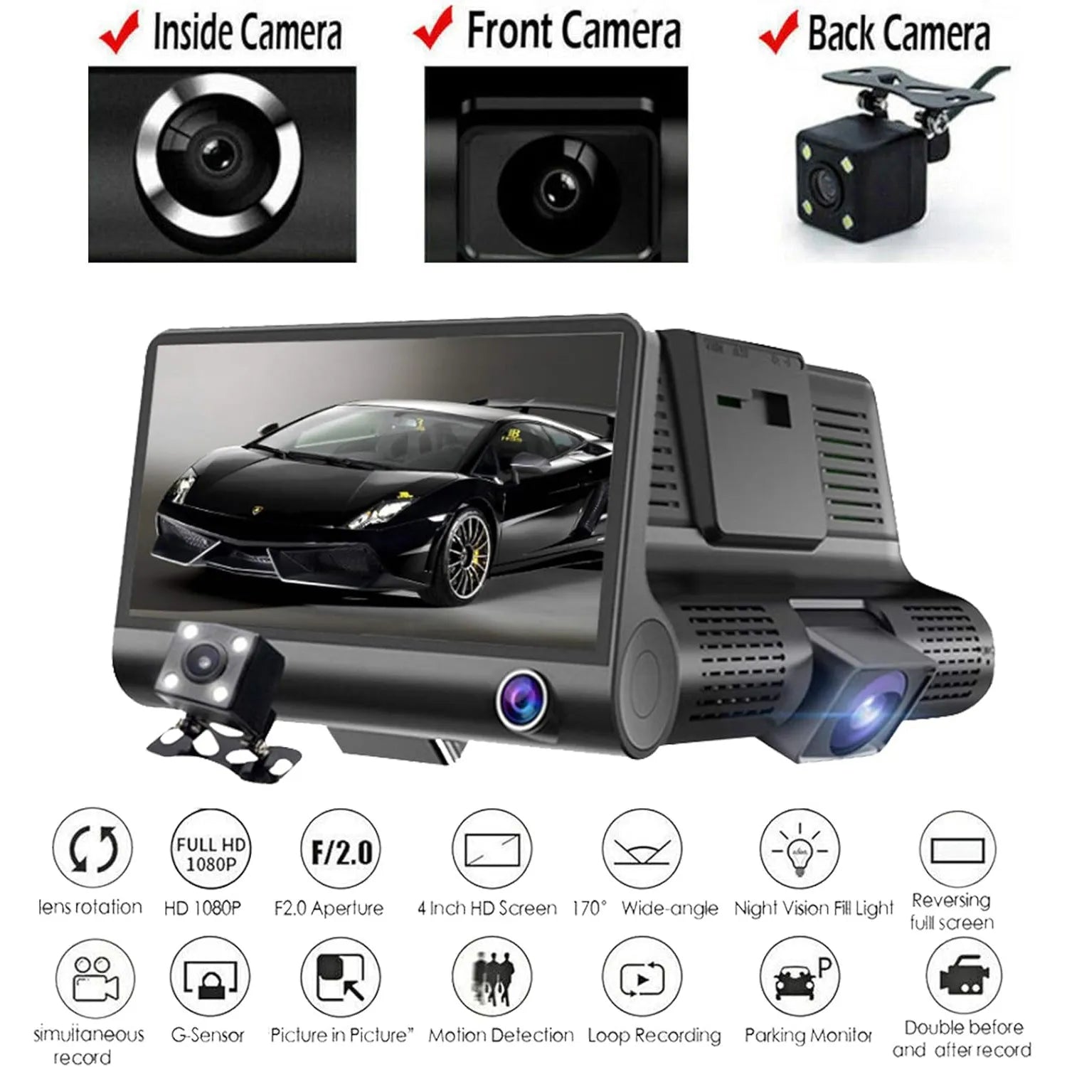 Cámara DVR para Auto 3 Cámaras Full HD 1080P